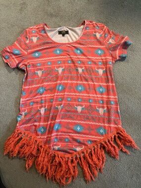 L&B Coral Aztec Fringe Short Sleeve Top